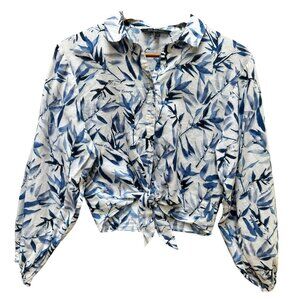 Armani‎ Exchange Blouse Blue White Button Tie Front Linen Blend Puff Sleeves XS